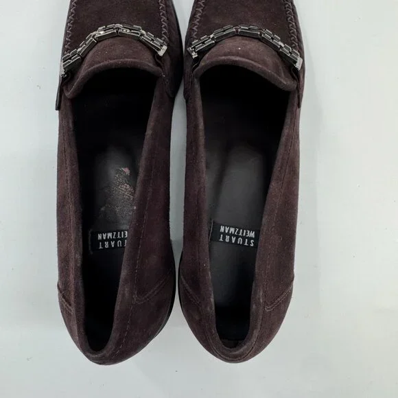 Stuart Weitzman Narrow Dark Brown Suede Loafers 7.5 AA With Chain Detail - Picture 8 of 9